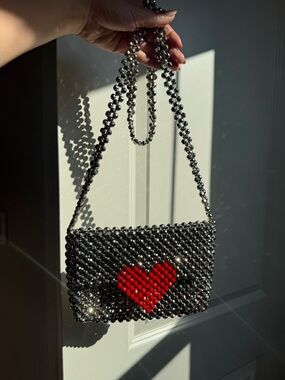 Forever 21 Black Beaded Crossbody Bag with Red Heart